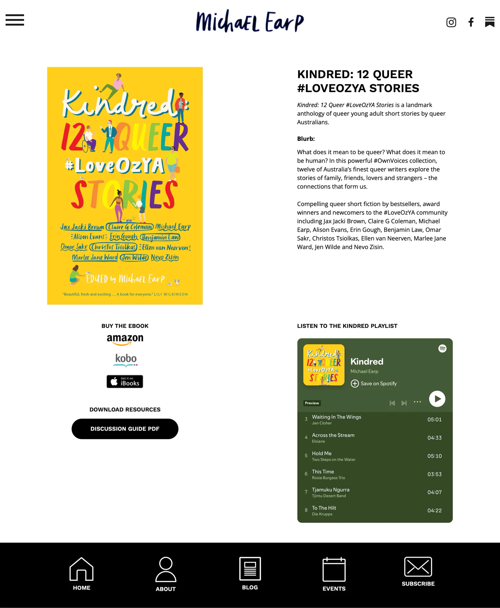 Michael Earp YA Author Website with Spotify Playlist